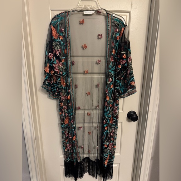 Rebellion Sweaters - Rebellion Black Mesh Kimono with Floral Embroidery size small